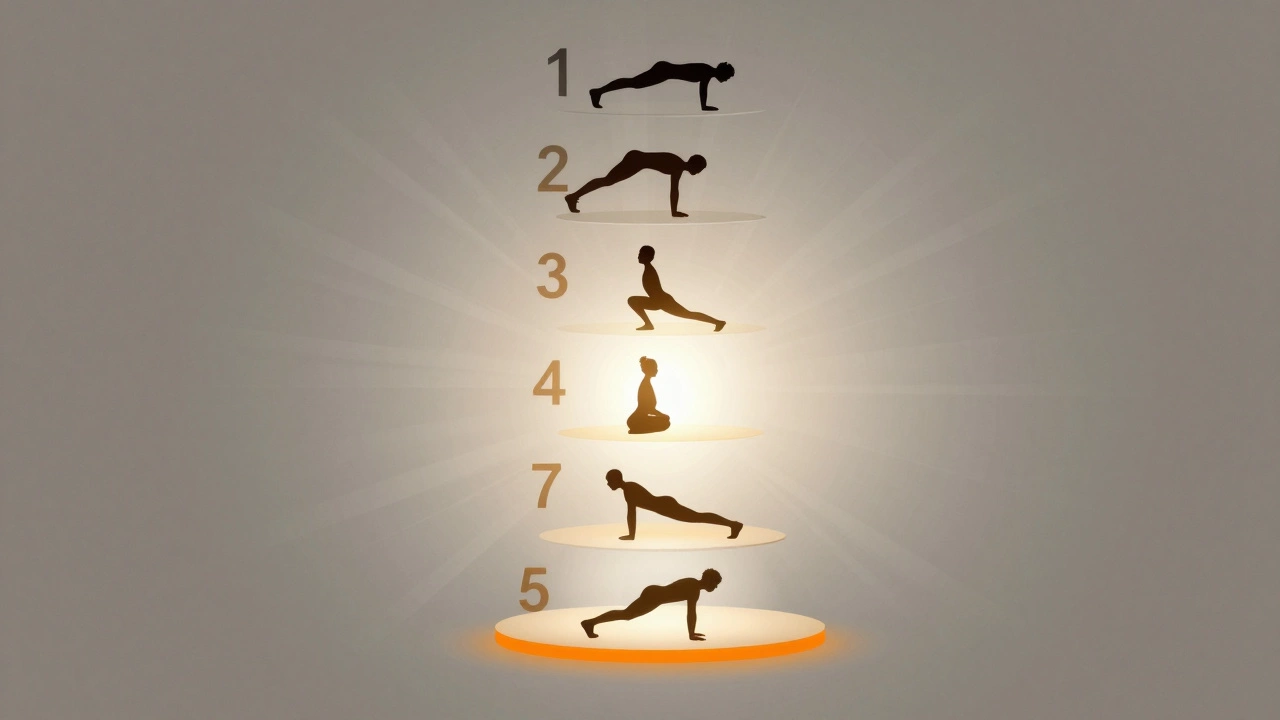 Spiral countdown with exercise silhouettes representing 5-4-3-2-1 workout.
