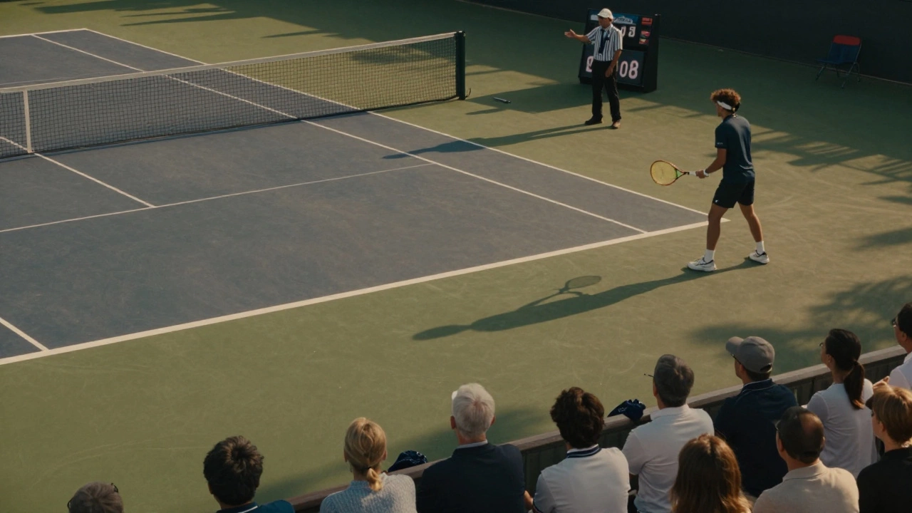 Umpire signals point penalty while player stands silently during match