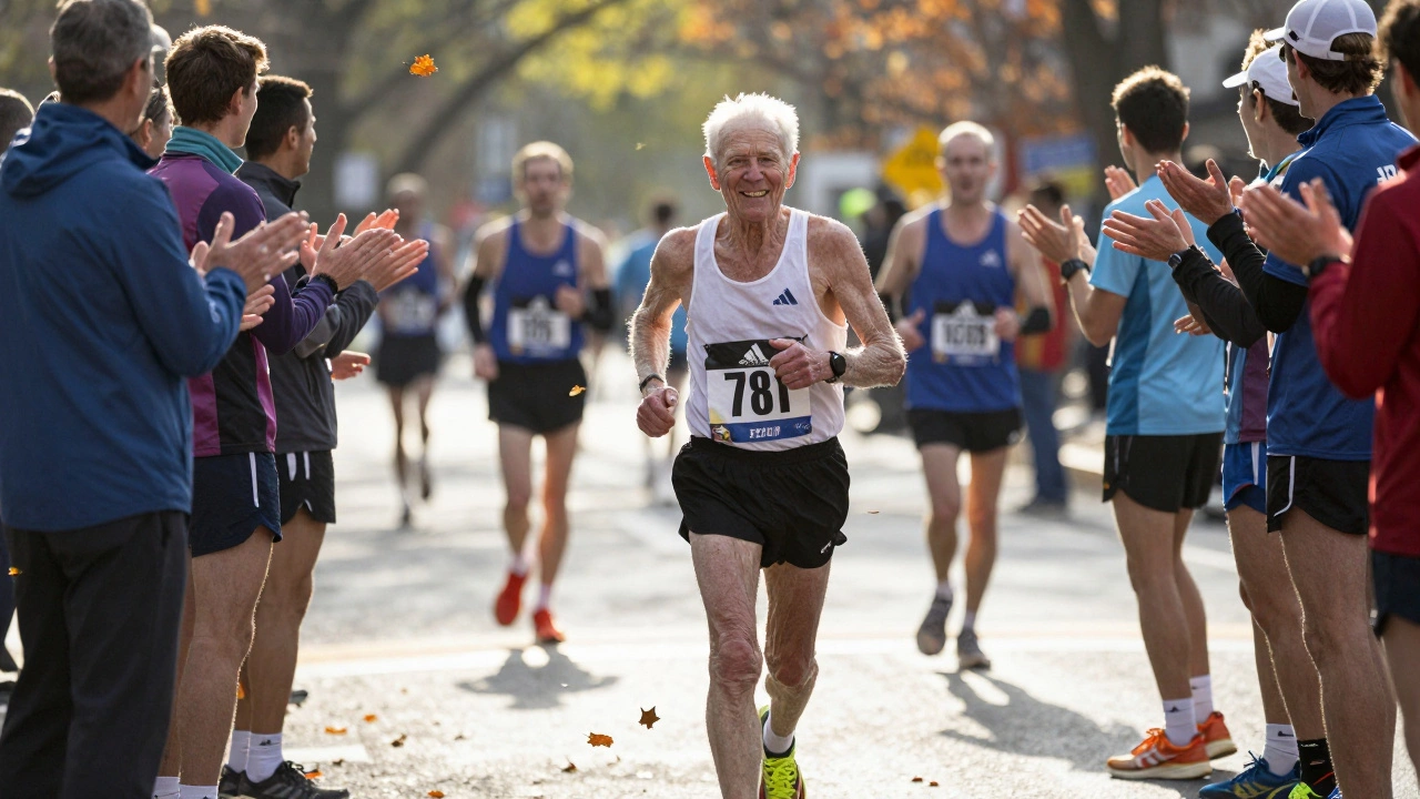A 78-year-old man smiling as he finishes the Boston Marathon, surrounded by cheering runners.