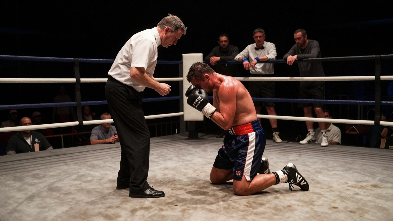 A boxer on one knee during the eight-count after a knockdown, referee counting, corner team watching anxiously.