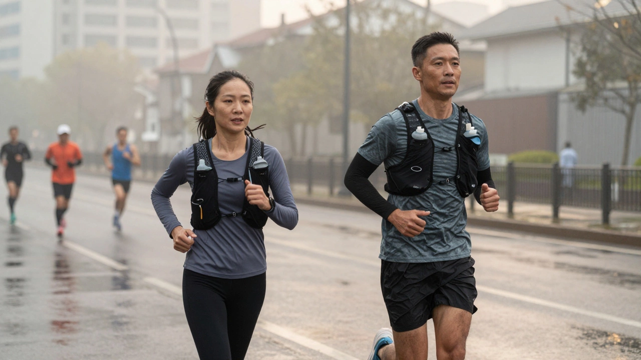 A man and woman in their 30s and 40s running together on a rainy urban marathon course at dawn.