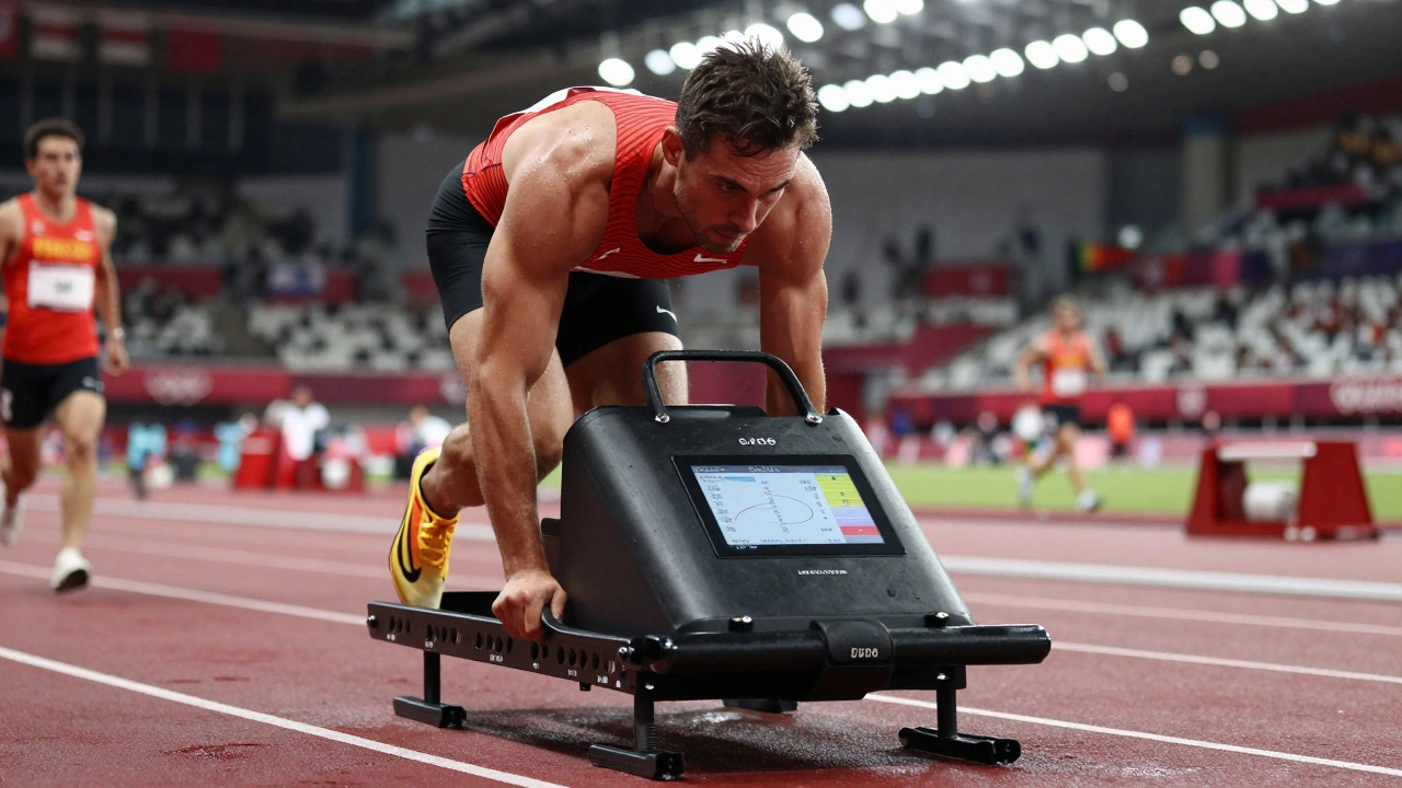 A sprinter training with a sensor-equipped resistance sled, showing speed and force data during intense workout.