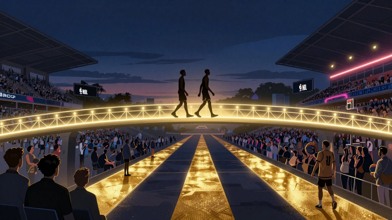 A symbolic bridge connecting the NBL and NBA, with players walking toward basketball greatness.