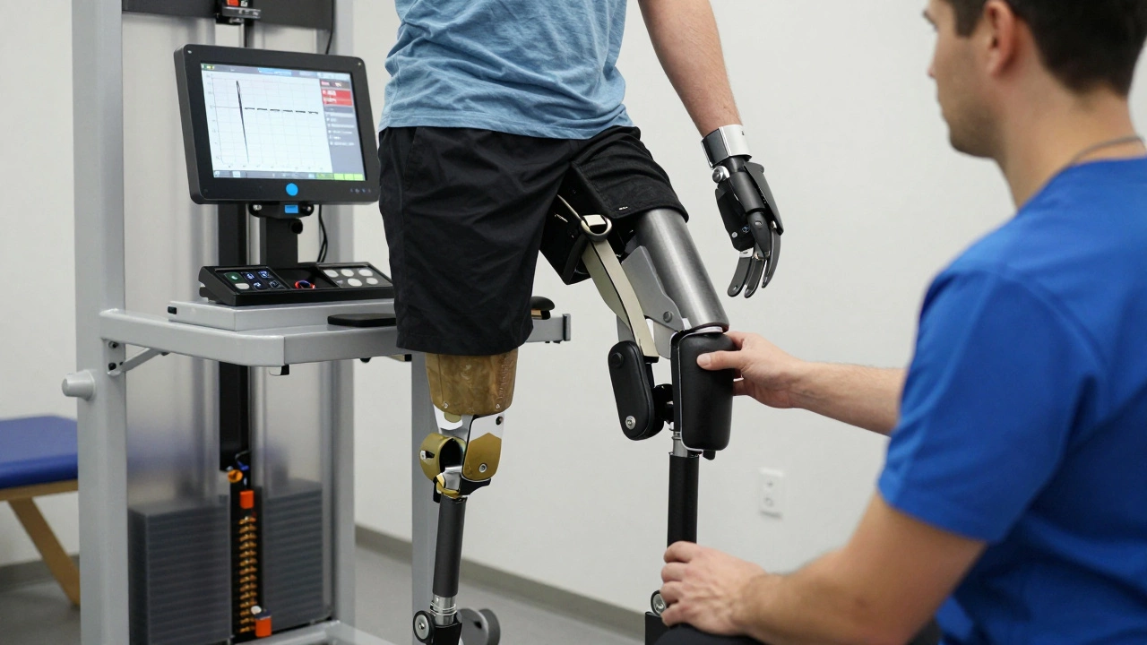 A therapist assisting a Paralympic athlete on a custom isokinetic machine during rehabilitation therapy.