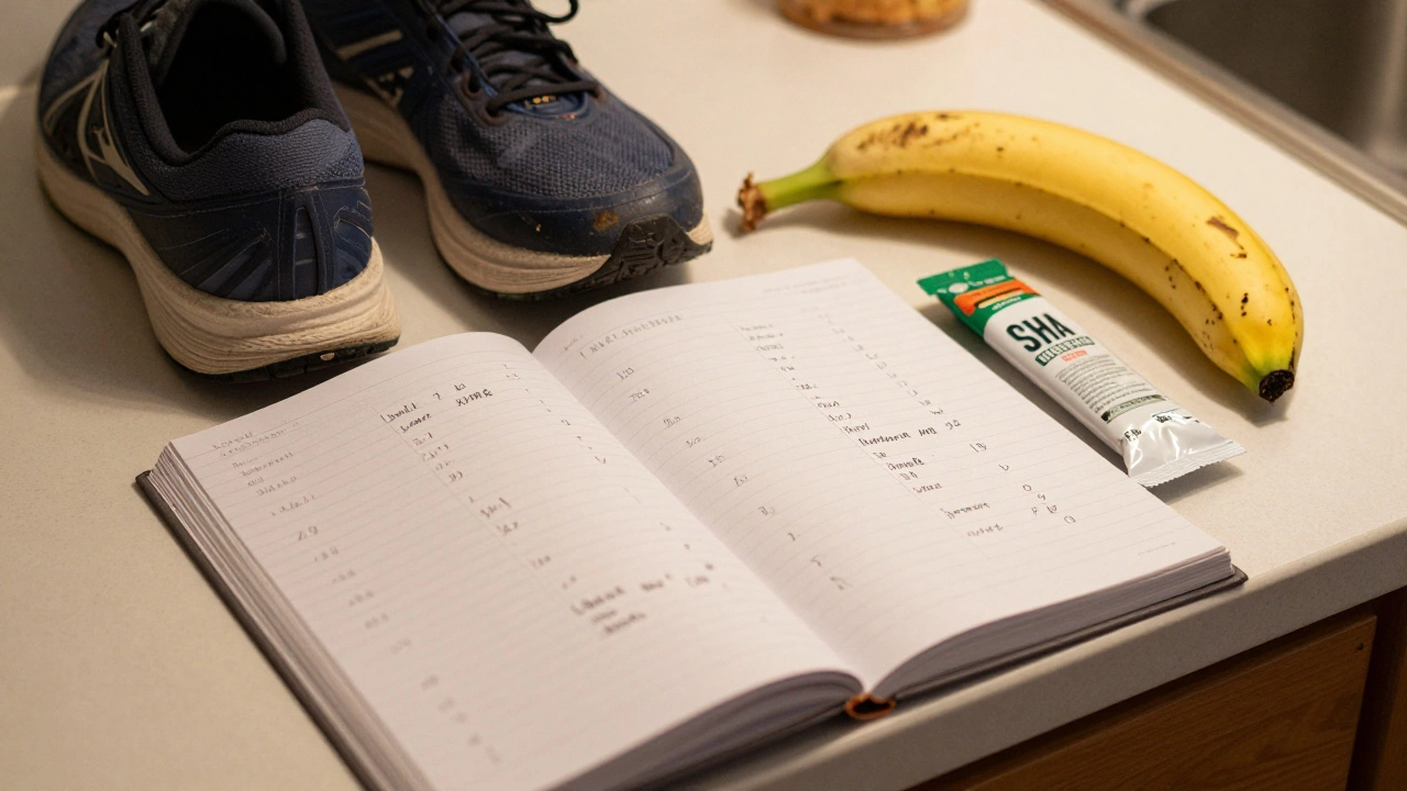 A training log with weekly mileage and a banana beside worn running shoes.