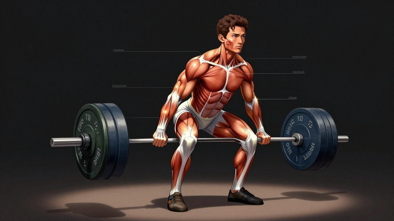 Anatomical illustration showing muscle activation across 12 major groups during a deadlift.