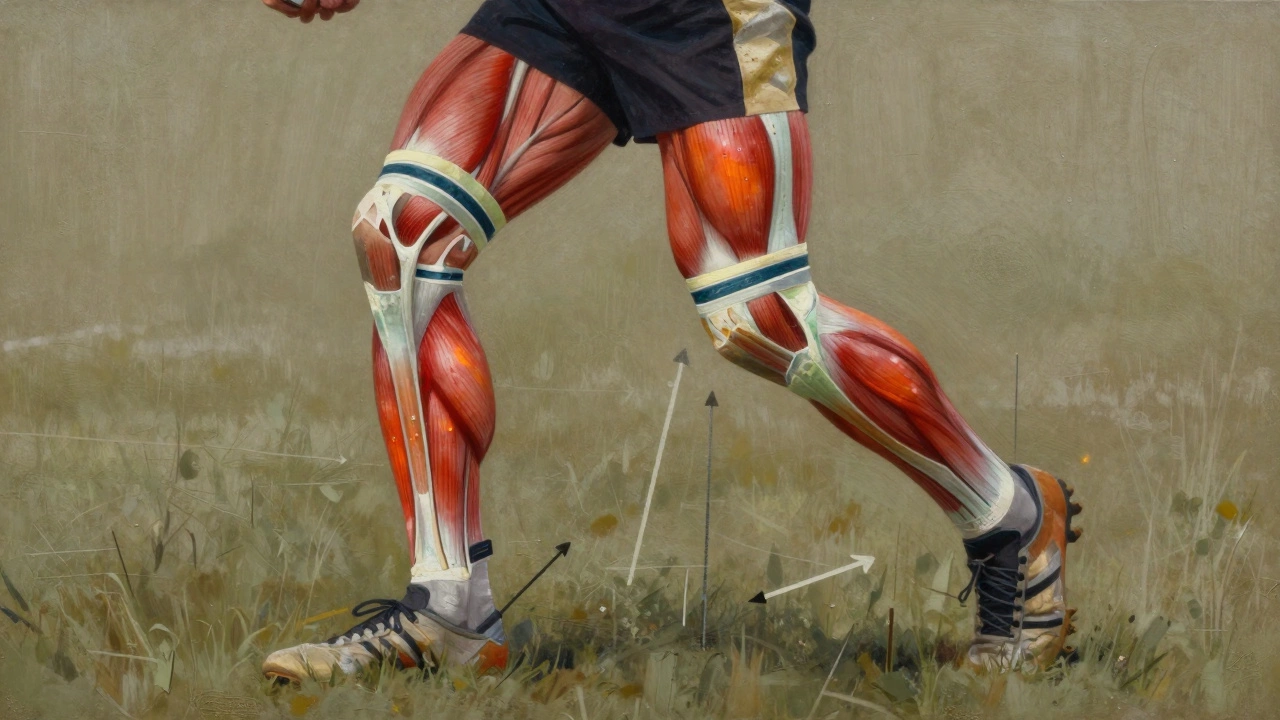 Anatomical illustration showing thickened muscles and tendons in a rugby player's leg.