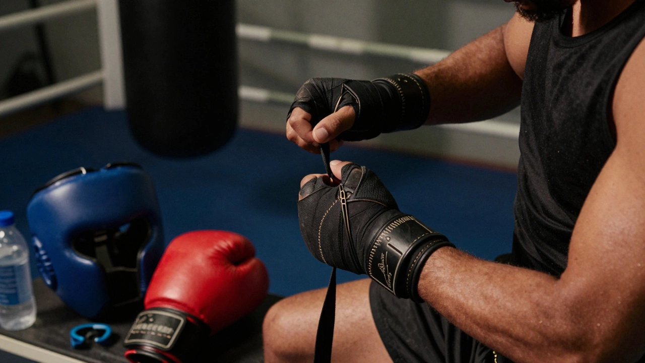 Boxer lacing hand wraps with gloves and mouthguard on bench under dim ring light.