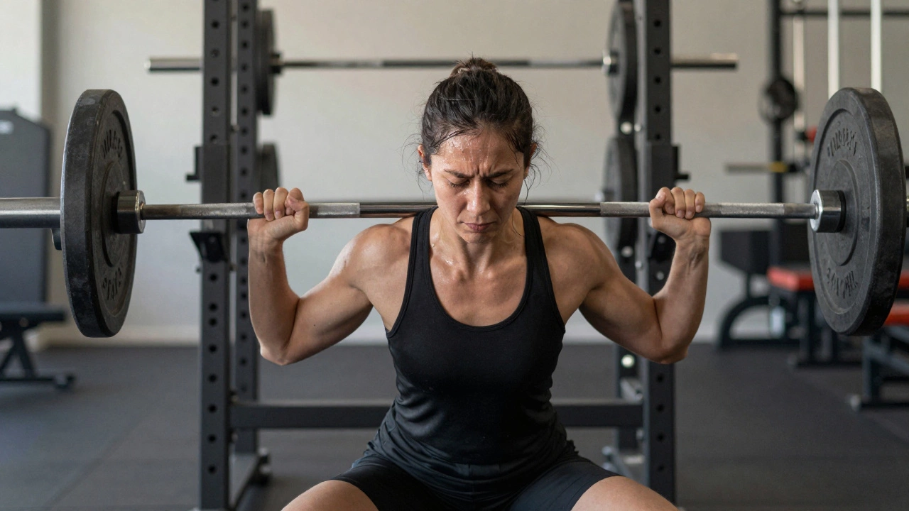 Person bench pressing a barbell with controlled, focused technique.