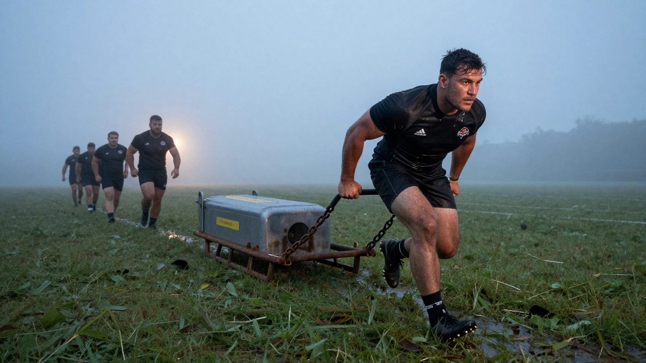 Rugby player pushing a massive 500kg sled through a foggy training field at dawn.