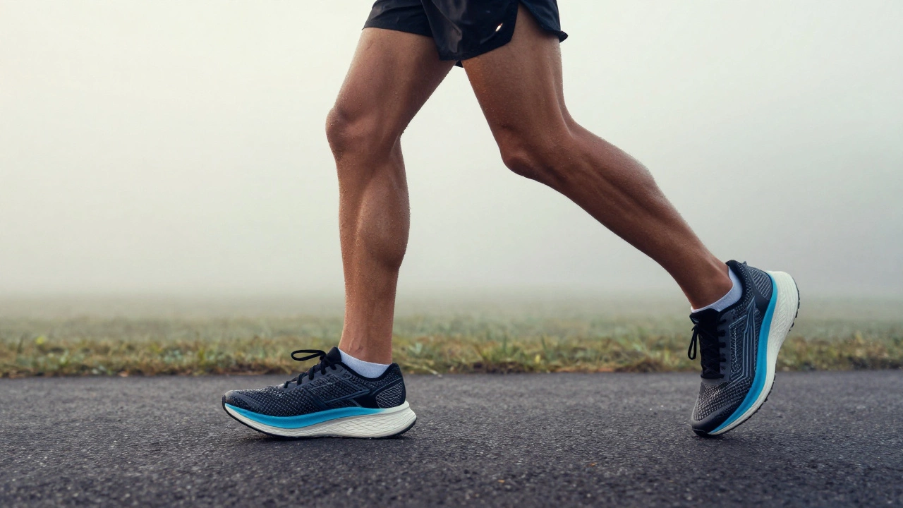 Runner at dawn wearing advanced running shoes and GPS watch on a misty path.