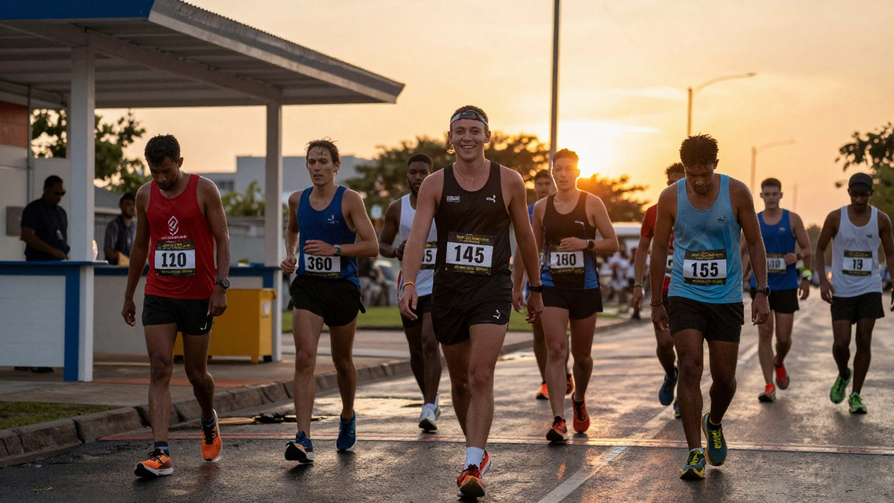 Runners crossing a finish line at sunset, some walking, all celebrating quietly.