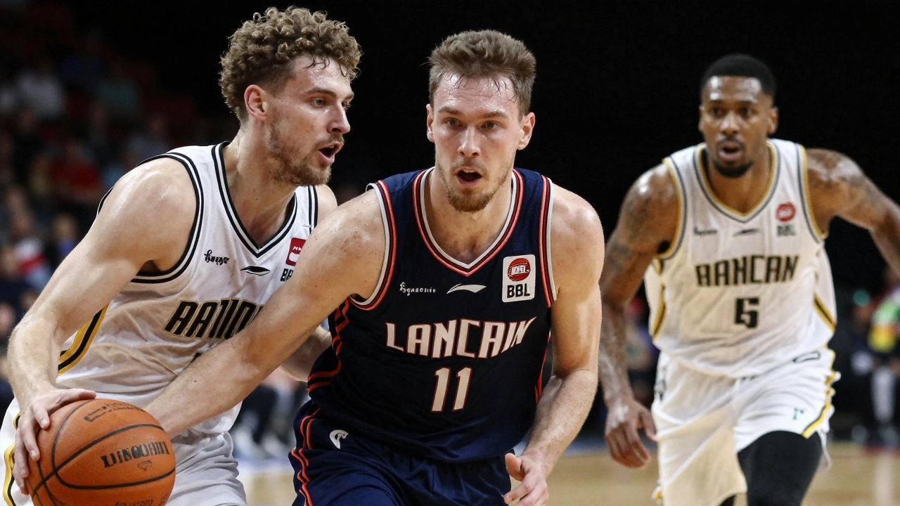 Three elite NBL players in intense action, showing sweat, focus, and fast-paced gameplay.