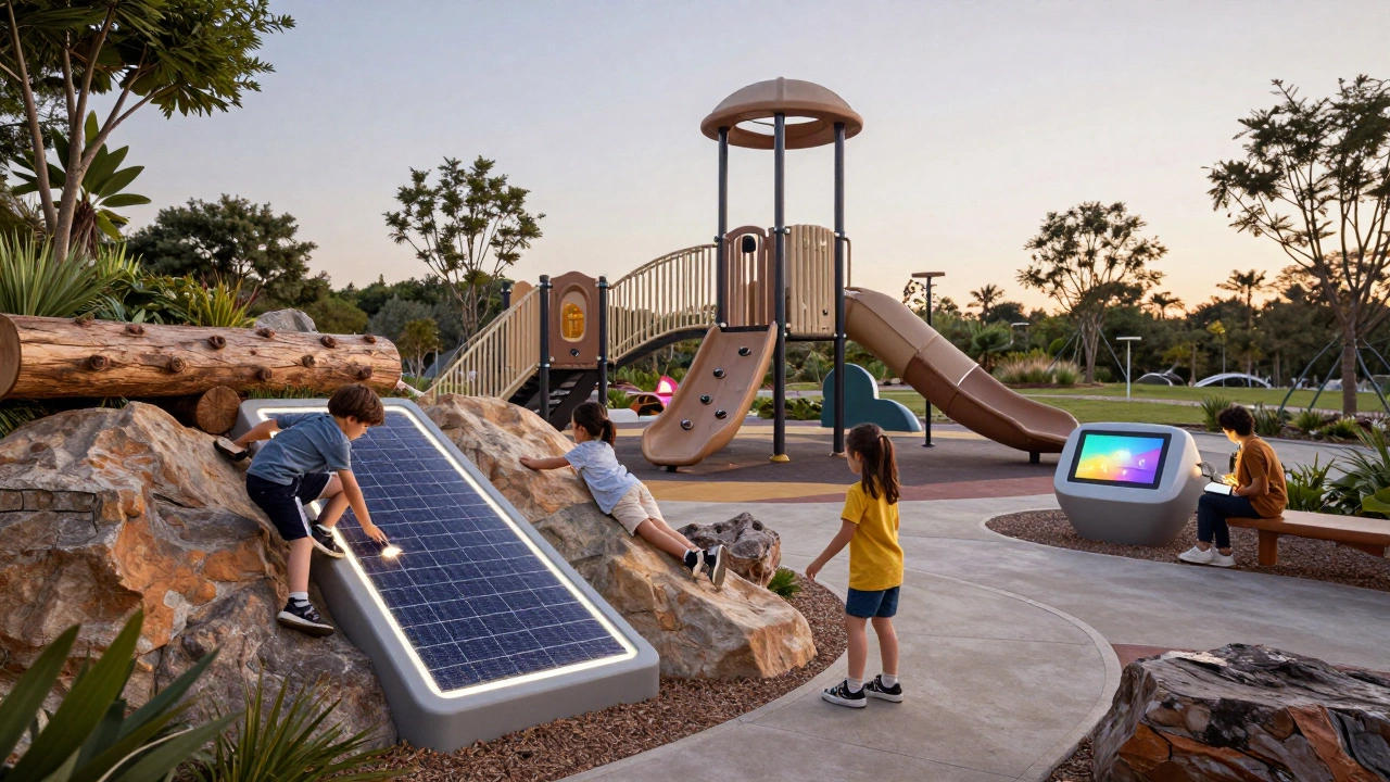 A futuristic nature-integrated playground with logs, boulders, and solar-powered interactive panels under soft dawn light.