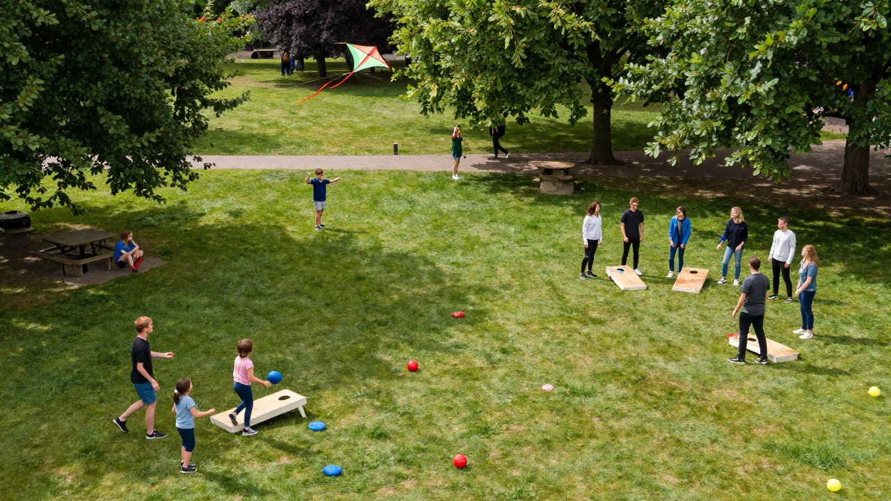 Aerial view of a Dublin park with families playing cornhole, flying kites, and tossing Whiffle balls on a sunny day.