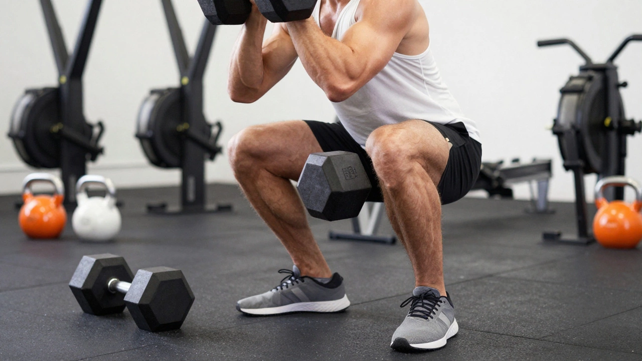 Athlete performing a goblet squat with proper form in a gym.