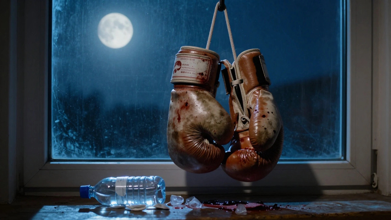 Bloodstained boxing gloves hanging alone after a match, with ice pack and water bottle on the floor below.