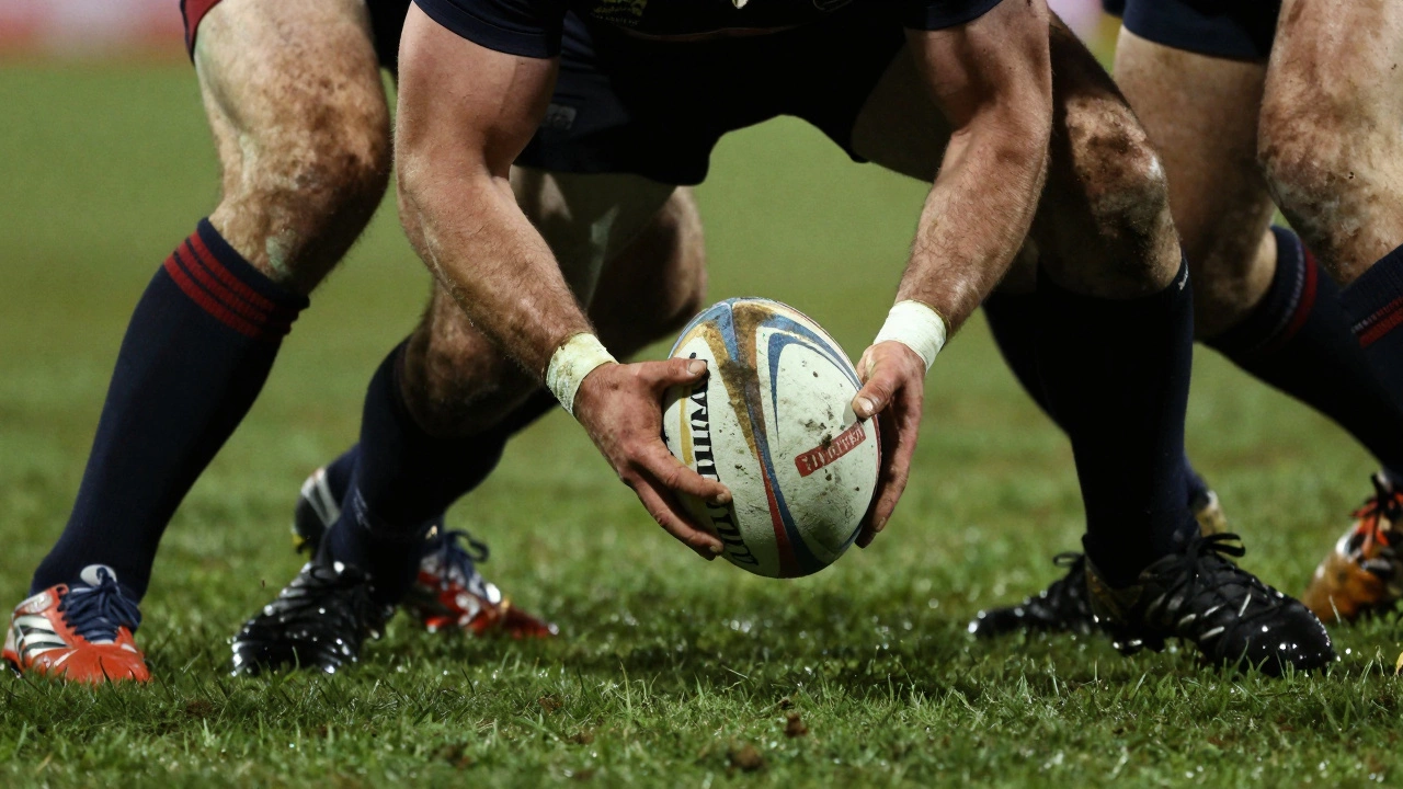 Close-up of a scrum-half's hands pulling the ball out of a ruck, mud and motion blur around him.