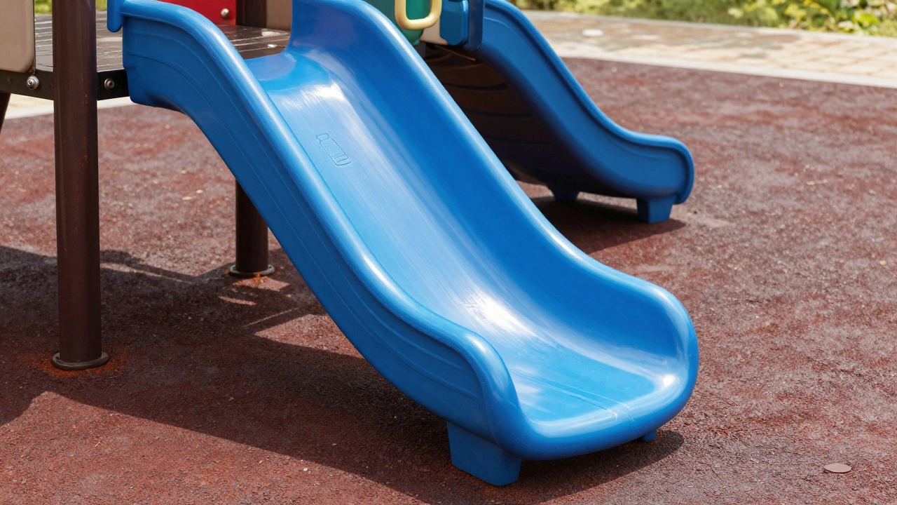 Close-up of durable playground materials: a colorful HDPE slide, galvanized steel frame, and recycled rubber safety surface under sunlight.