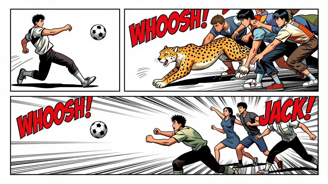 Comic-style sequence showing a jackler stealing the ball mid-ruck, with speed lines and action text.