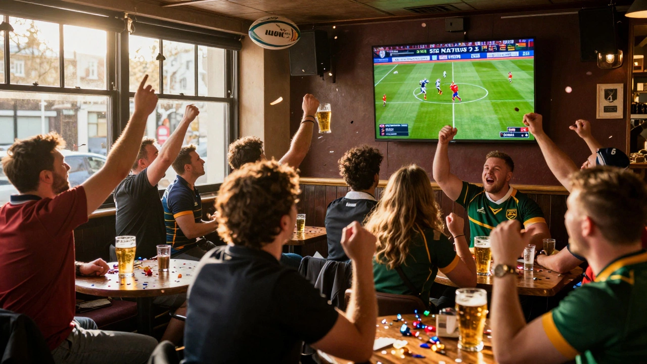 Diverse rugby fans cheering in a London pub during a live Six Nations match.