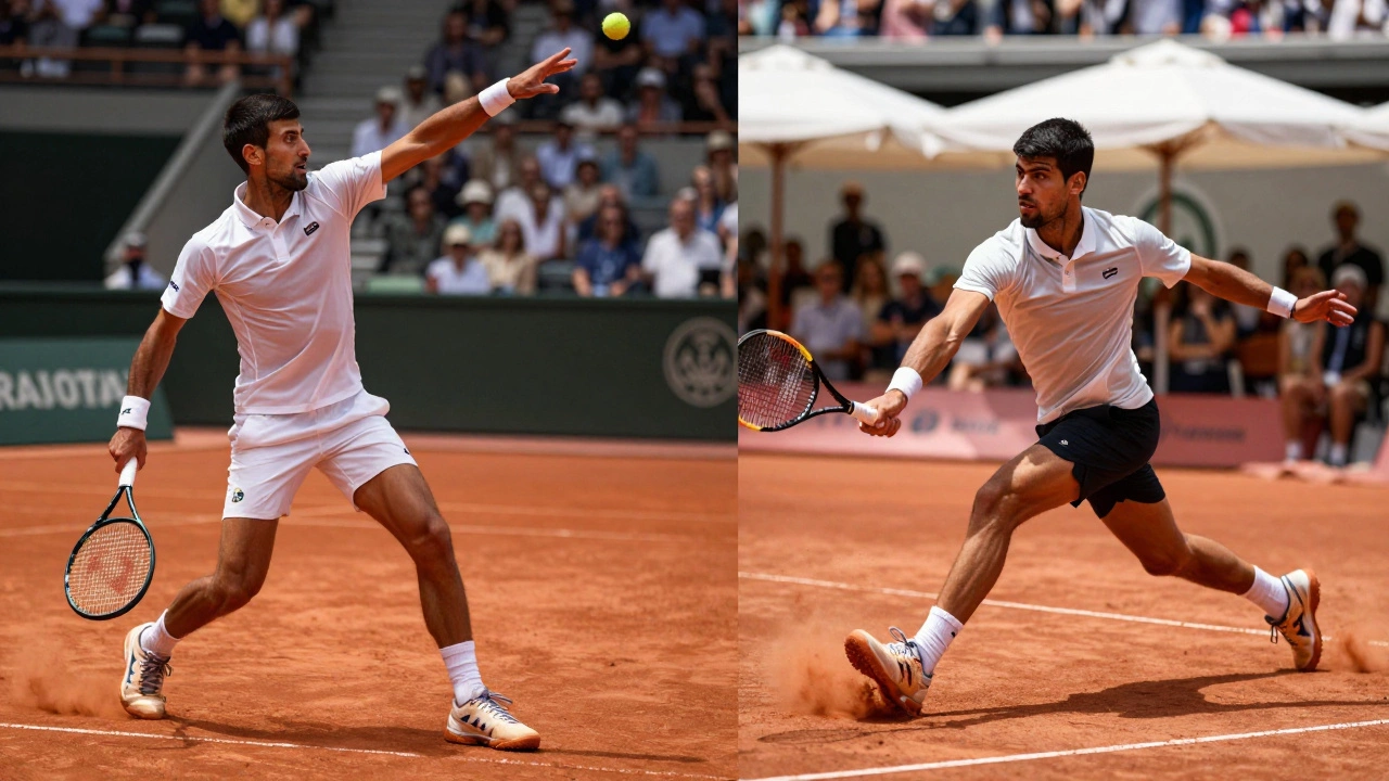 Djokovic and Alcaraz in action on clay, dust swirling as they battle at Roland Garros.