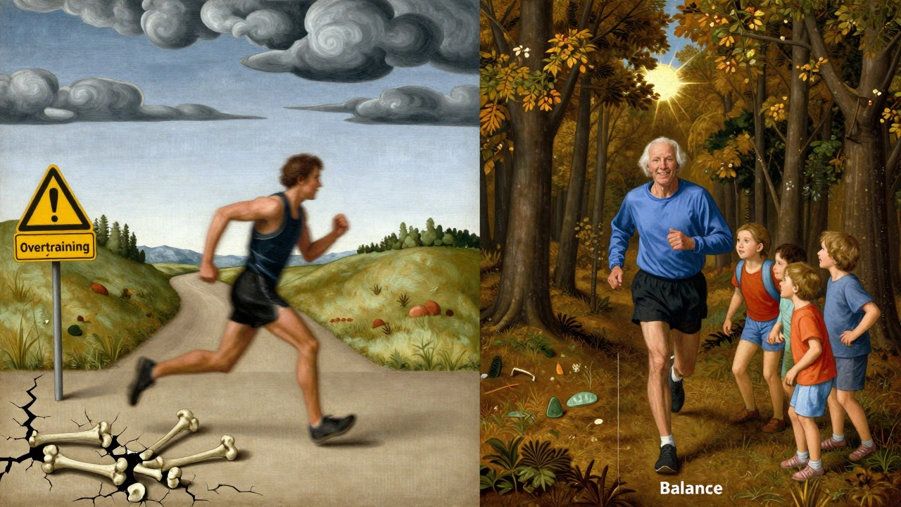 Dual-path image contrasting overtraining with balanced longevity, showing the same runner at different life stages.