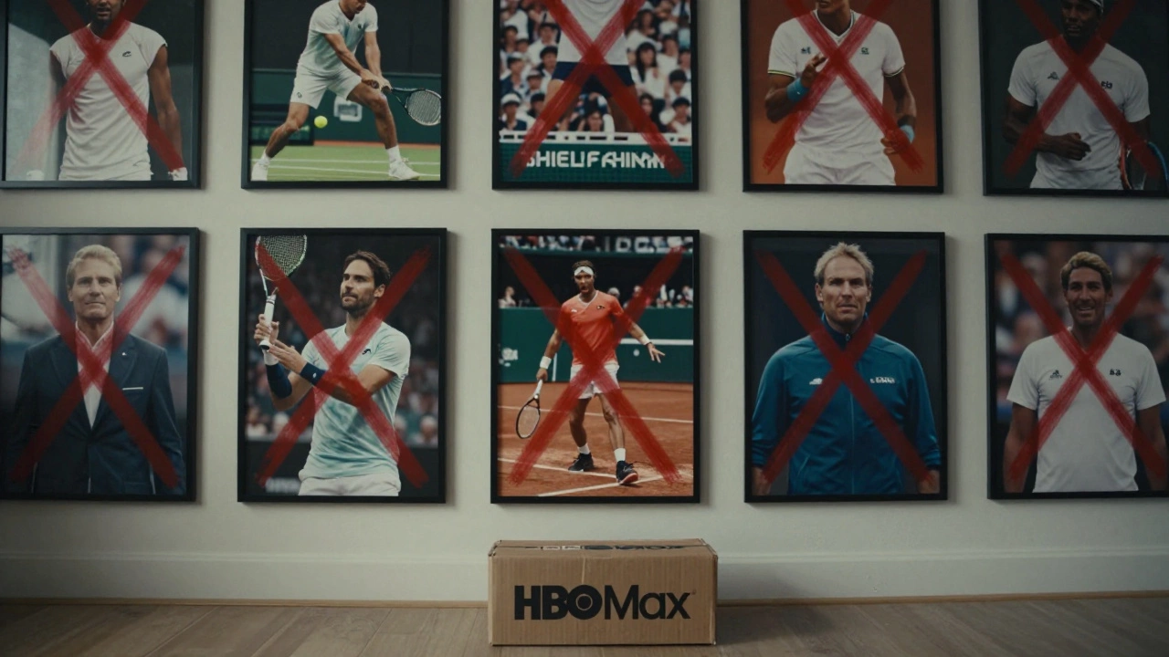 Framed tennis posters are crossed out with red lines while an unopened HBO Max box sits untouched on the floor.