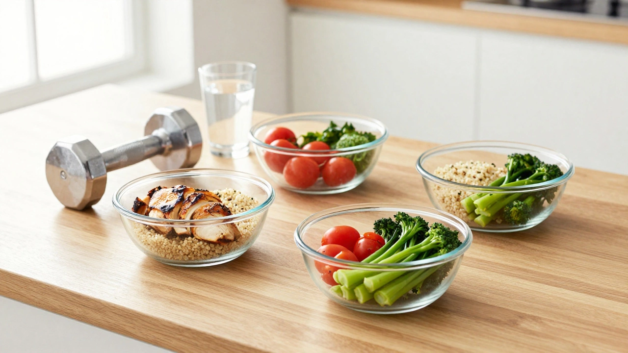 Healthy meal prep and dumbbell on wooden kitchen table.