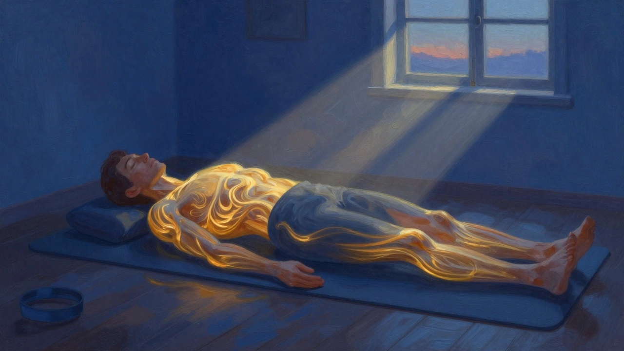 Person resting on yoga mat with abstract energy swirls.