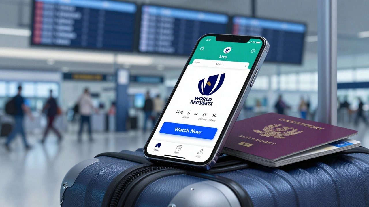 Smartphone displaying the World Rugby app with live match details beside travel essentials.