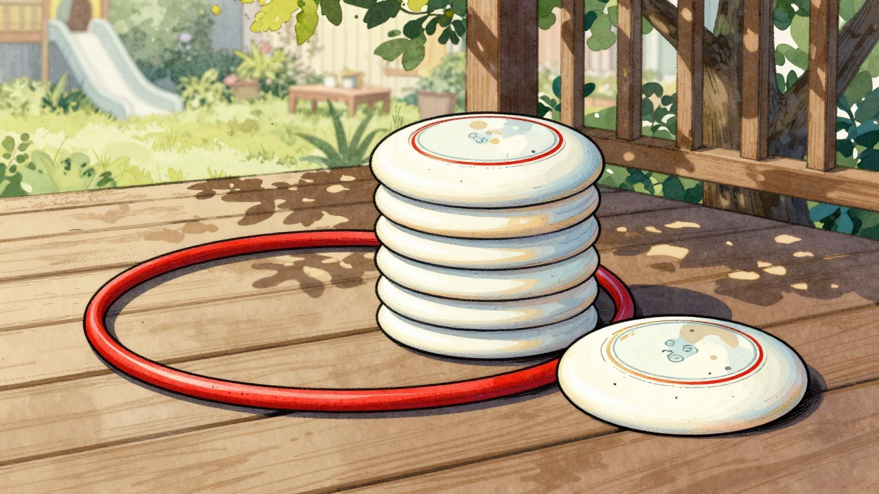 Three classic recreational items—hula hoop, water balloons, and Frisbee—laid out on a wooden porch with soft sunlight.