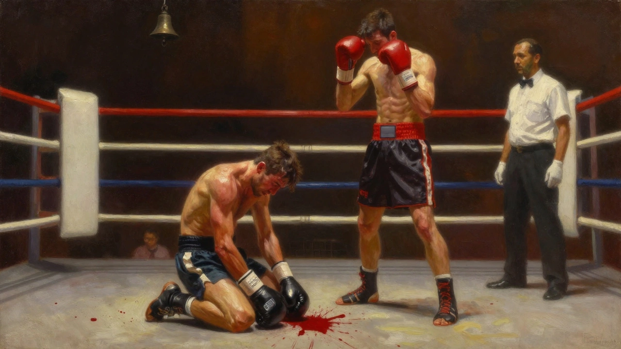 Two exhausted boxers in the final round, one kneeling, one standing, referee intervening under dramatic lighting.