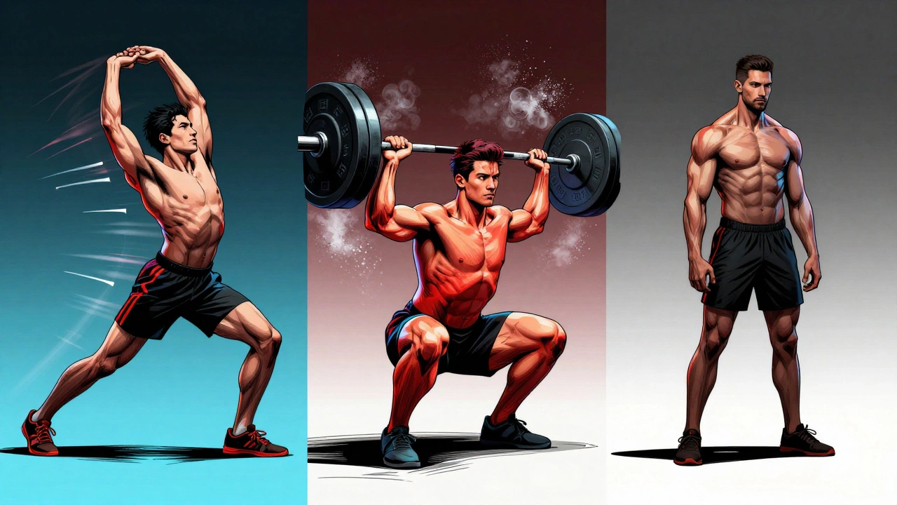 Workout progression illustration from warm-up to lifting