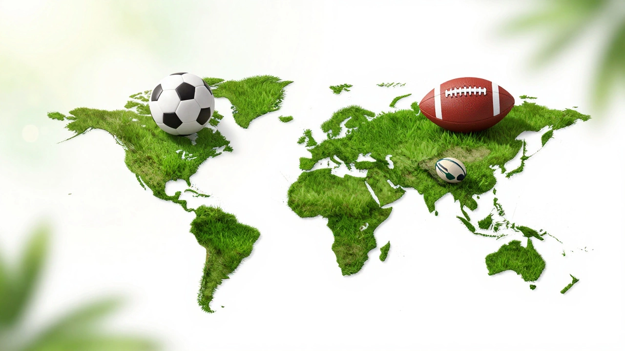 A conceptual map showing different types of footballs used in the USA, Europe, and Australia.