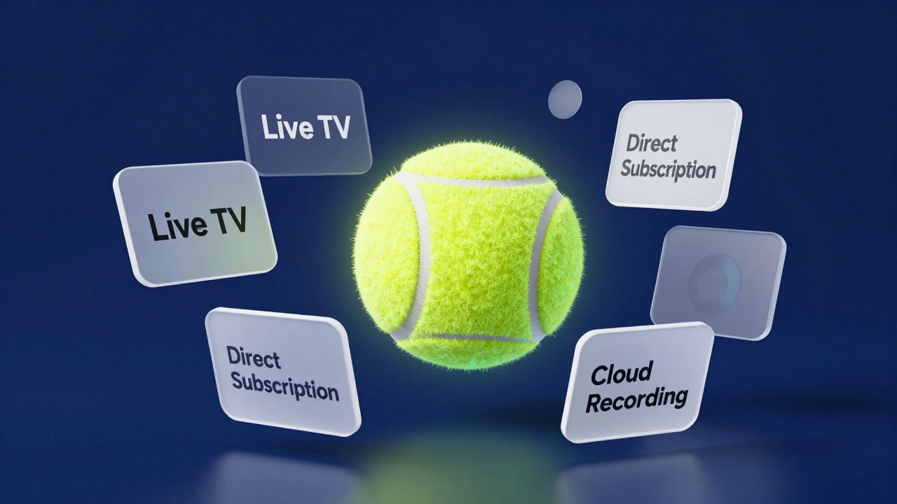 A holographic tennis ball surrounded by digital streaming interface icons