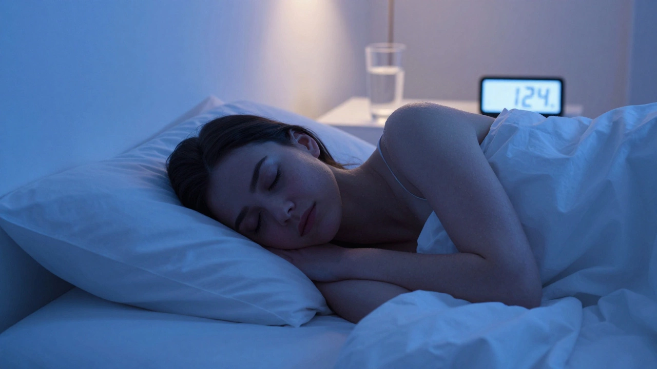 A person sleeping peacefully in a dark, cool bedroom to represent recovery and health.