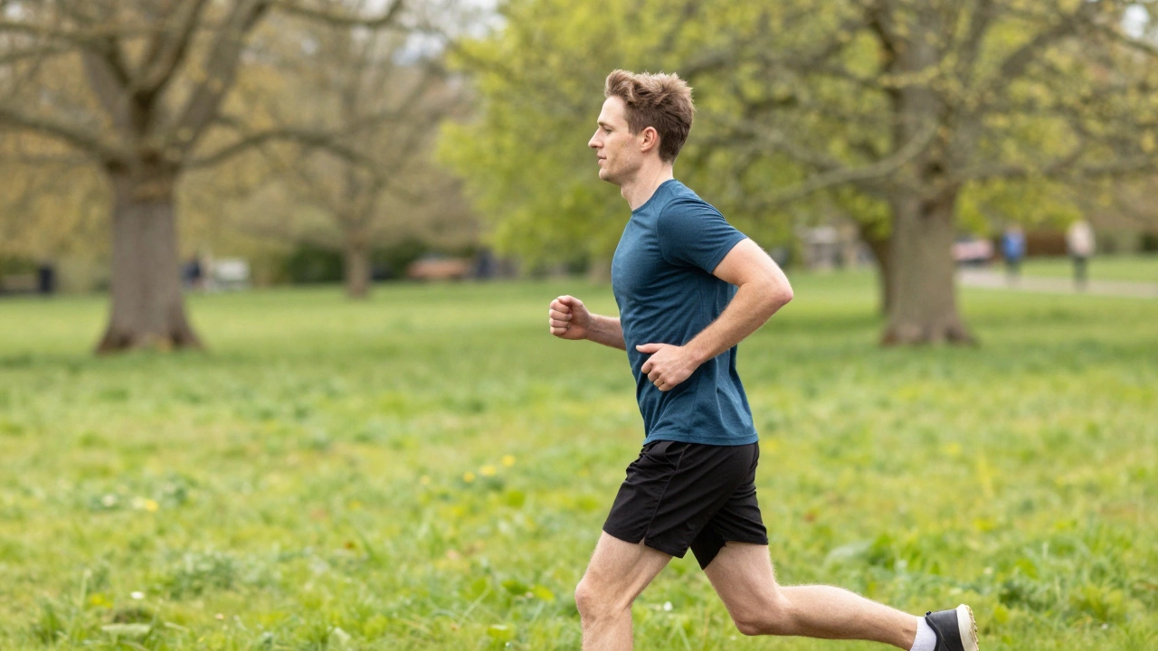 A runner jogging happily through a green park without a fitness tracker