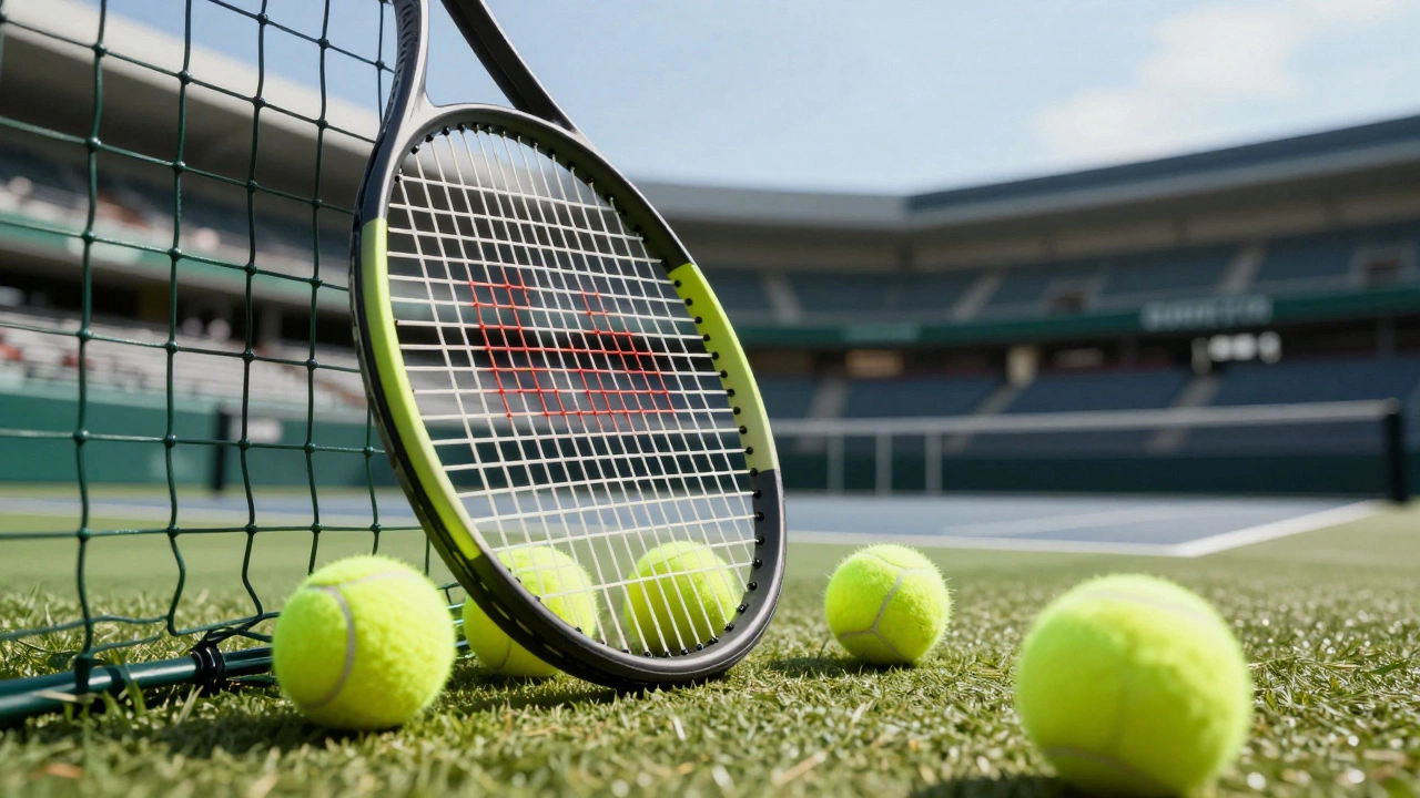 A tennis racket and balls on a professional court with a stadium in the background