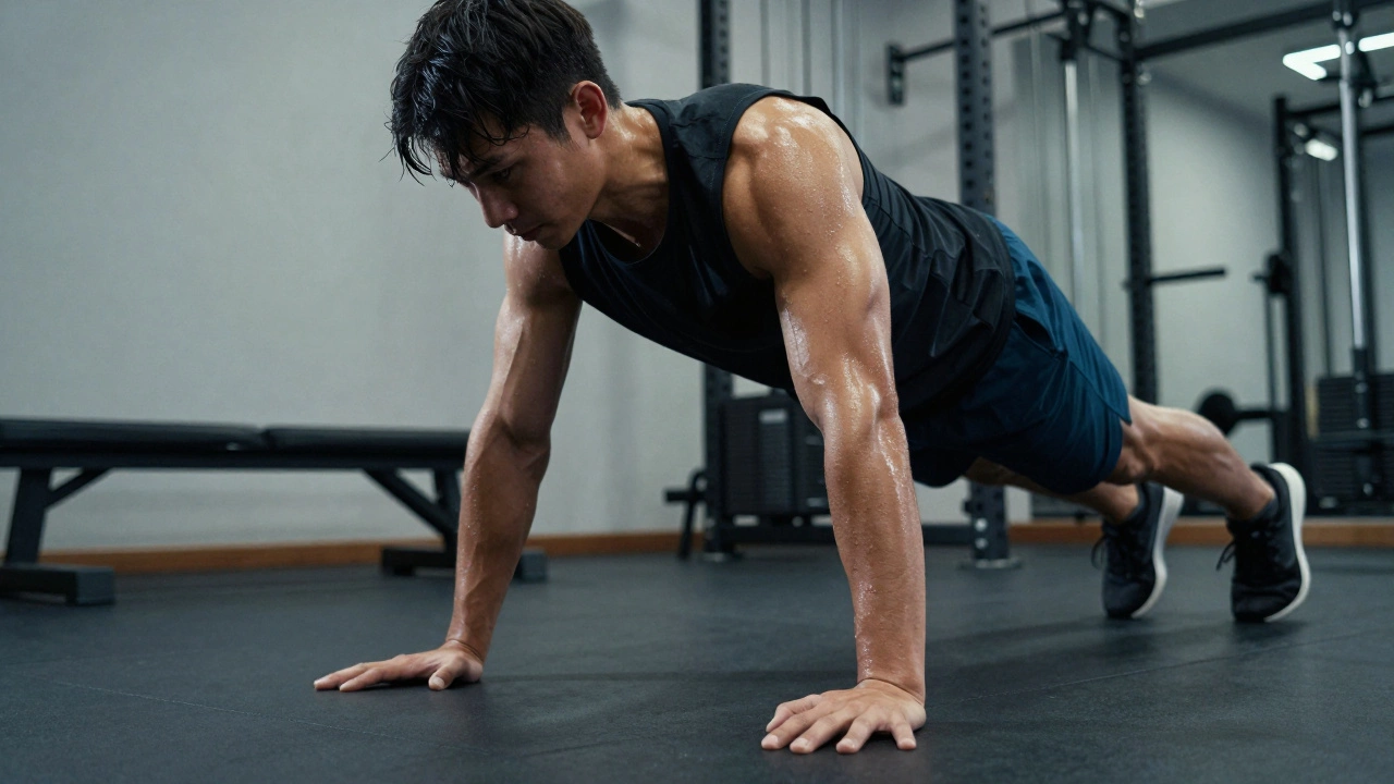 An athletic person performing a high-intensity mountain climber exercise in a gym.