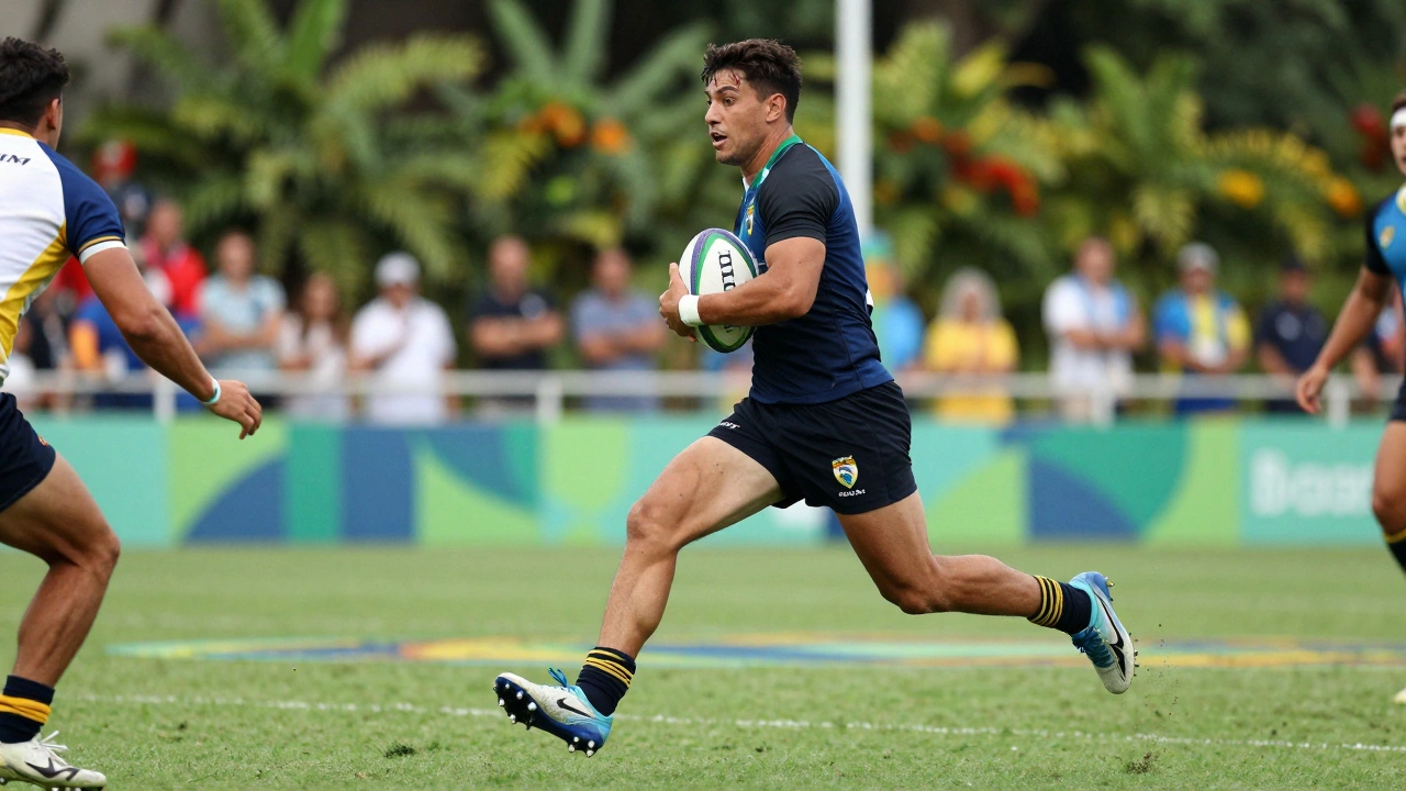 An athletic player sprinting with a rugby ball during a high-energy Rugby Sevens match.