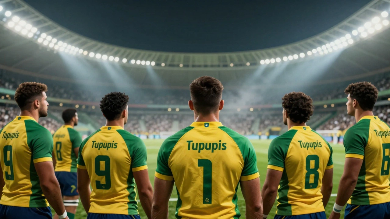 Brazilian national rugby players looking toward a professional stadium under dramatic lights.