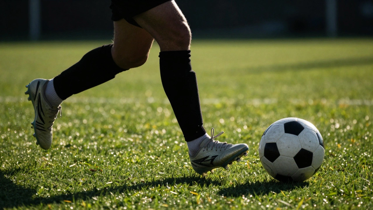 Close-up of a soccer player's cleats kicking a ball on a green field.