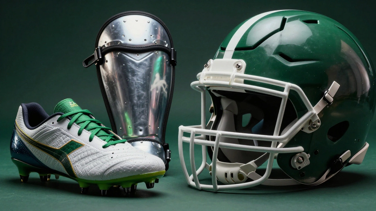 Comparison of soccer gear with a cleat and shin guard next to an American football helmet and shoulder pads.