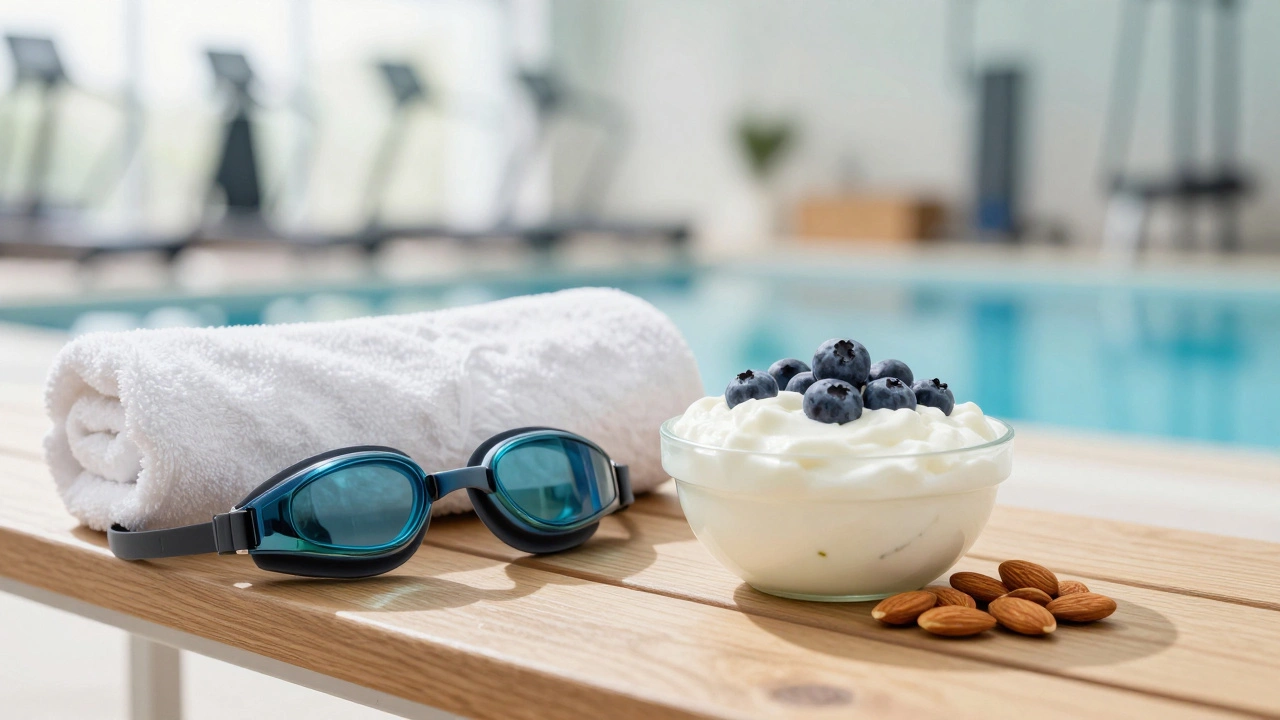 Healthy high-protein snack of Greek yogurt and almonds next to swimming goggles.