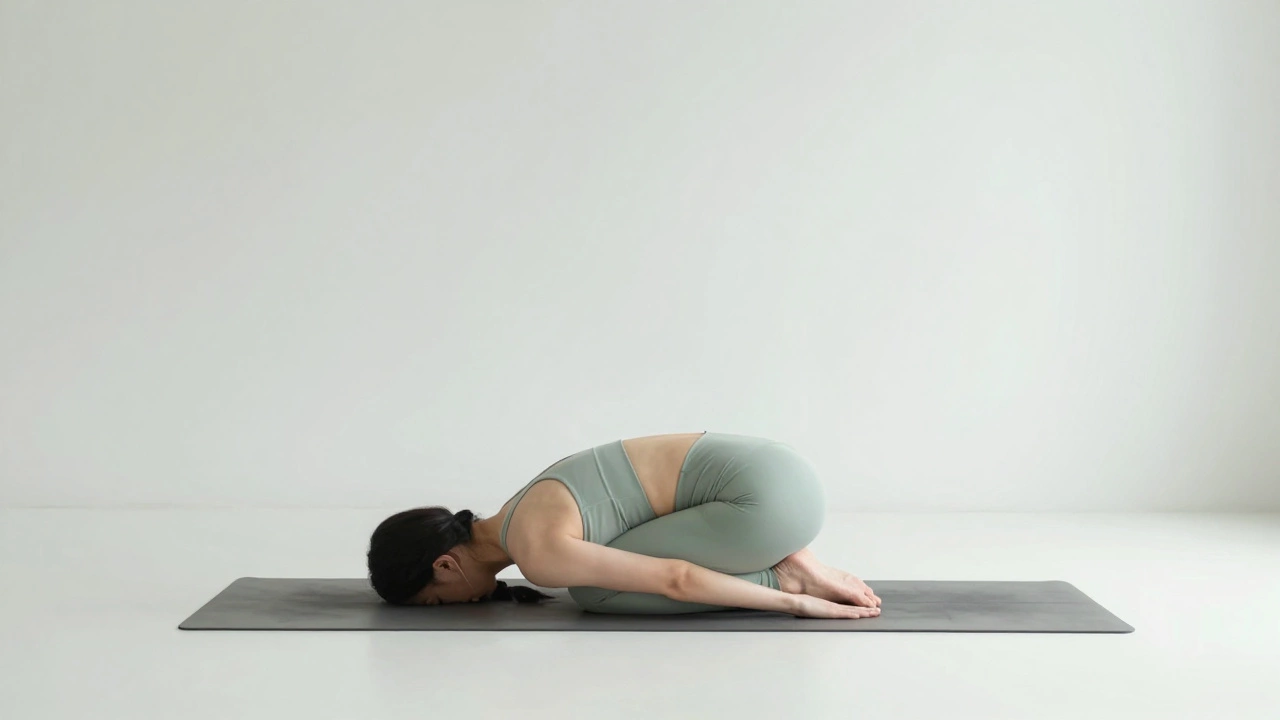 Person practicing a yoga stretch in a bright, peaceful studio