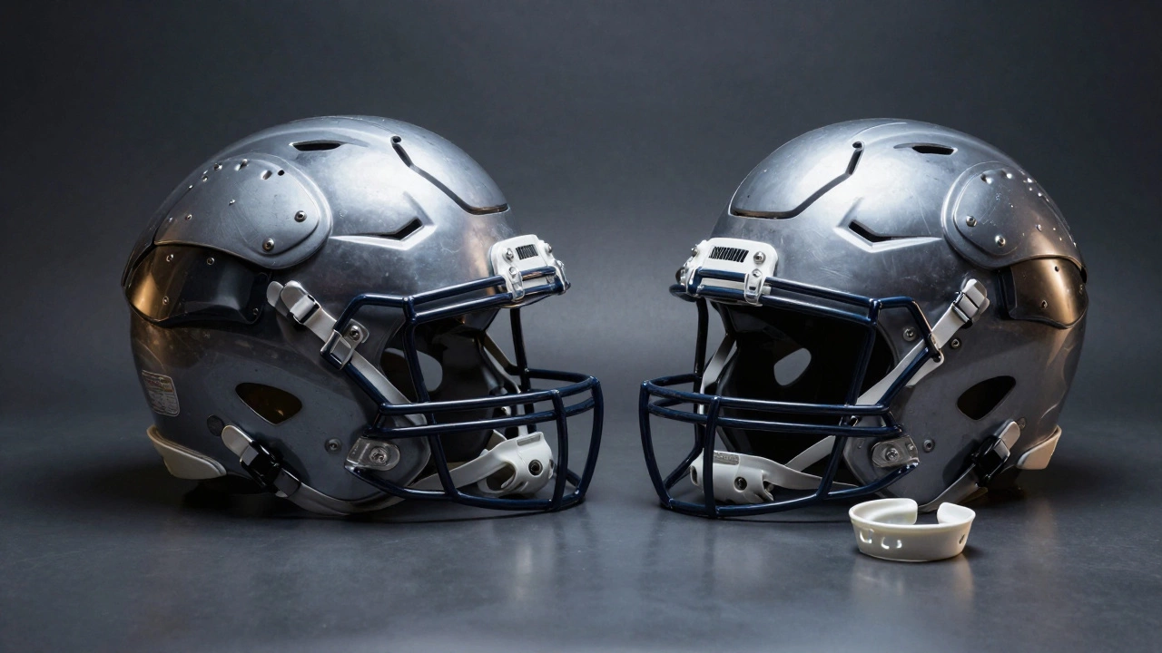 Professional American football helmet and shoulder pads on a dark surface.