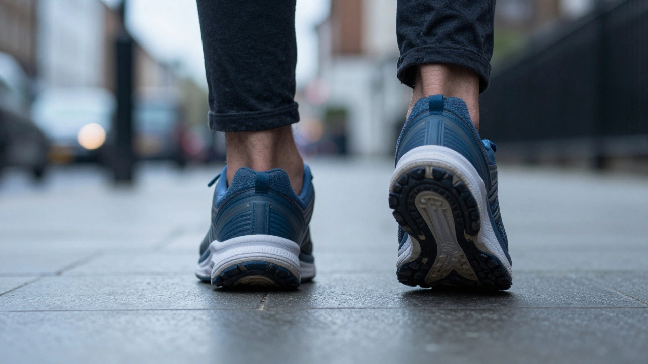 Rear view of worn-out sneakers showing an unstable inward lean