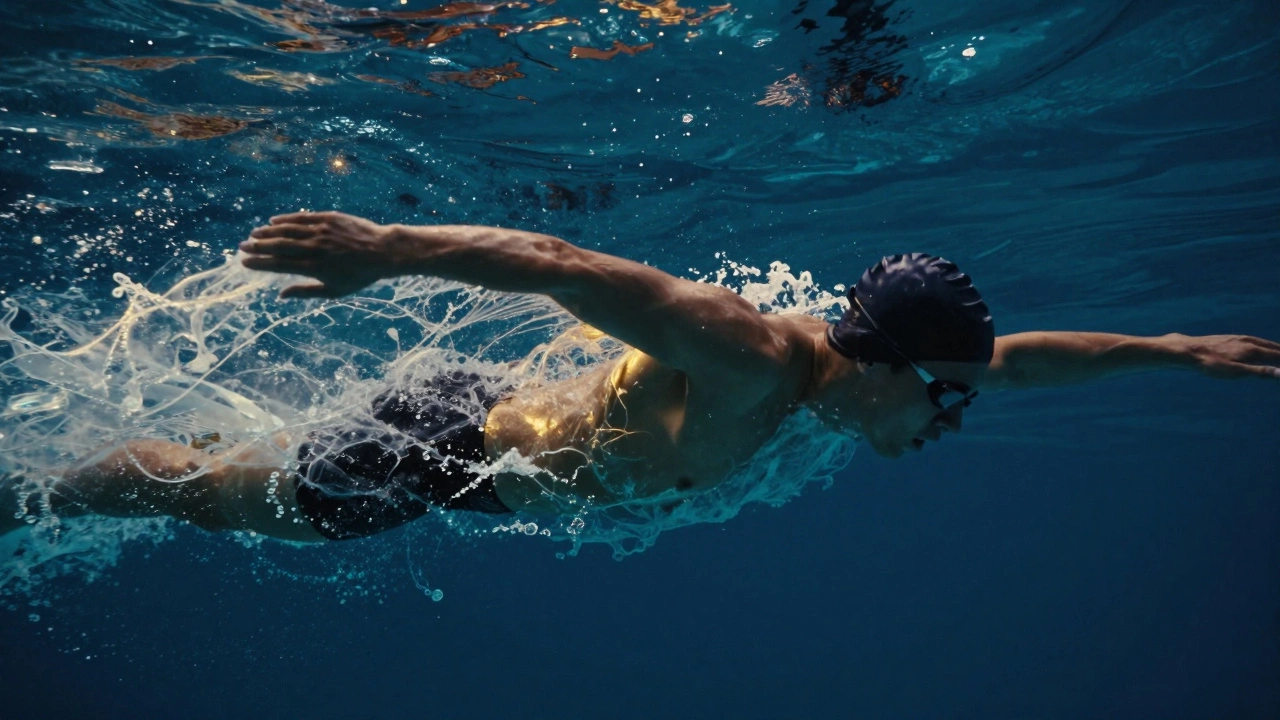 Stylized swimmer performing a butterfly stroke with glowing light trails in blue water.