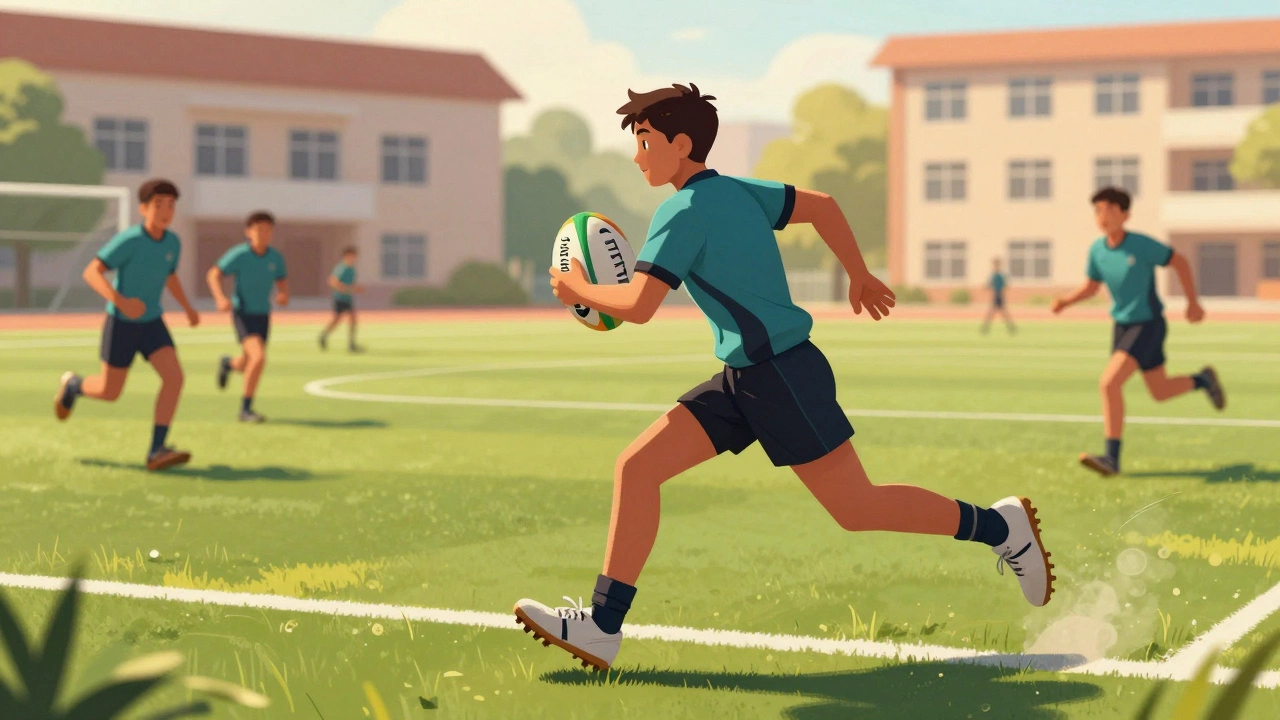 Young Uzbek rugby players practicing a fast-paced game of Rugby 7s during golden hour.